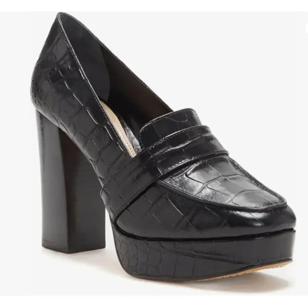 FOWT Black Chunky Heel Square Toe High Heel Slip-on Crocodile-textured Loafers